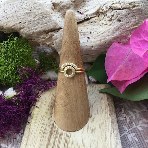 14k Gold Sterling Silver CZ Open Circle Ring Set Size 7 - Picture 2 of 6